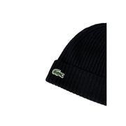 Casquette Lacoste en laine noire pour homme, avec maille côtelée et logo crocodile vert brodé sur le revers. Vue de face