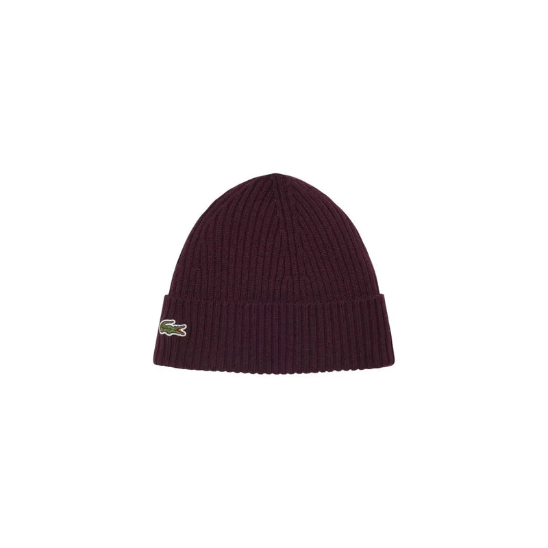 Bonnet Lacoste en laine bordeaux pour homme, en maille côtelée avec revers, vue de côté