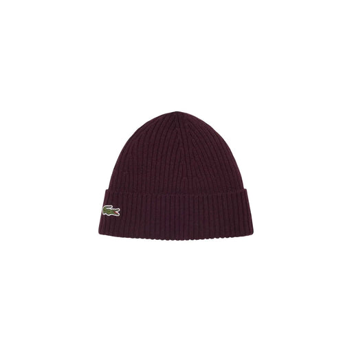Bonnet Lacoste en laine bordeaux pour homme, en maille côtelée avec revers, vue de côté