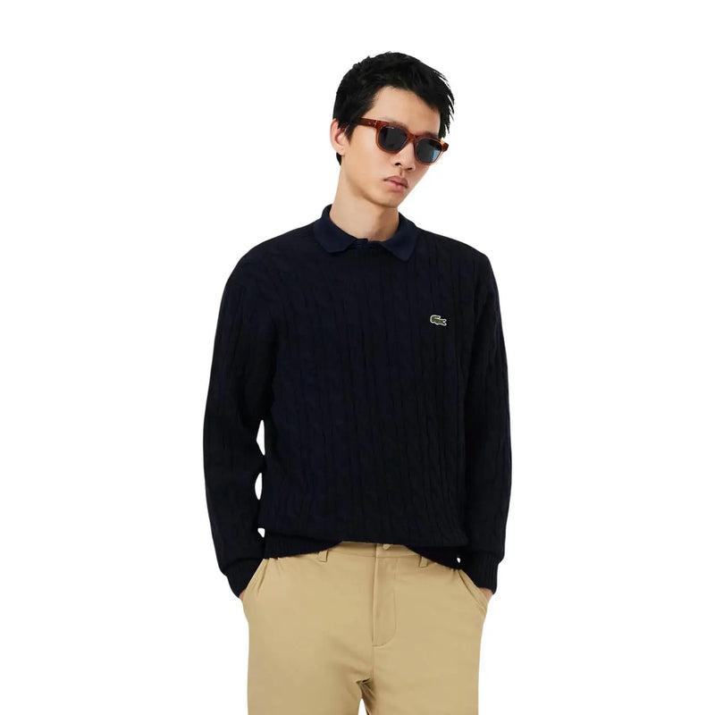 Pull Lacoste pour homme en laine côtelée bleu marine avec logo crocodile vert, vue de face