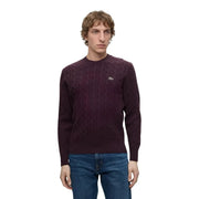 Pull Lacoste en laine pour homme, bordeaux foncé, à motif torsadé et logo crocodile, vue de face