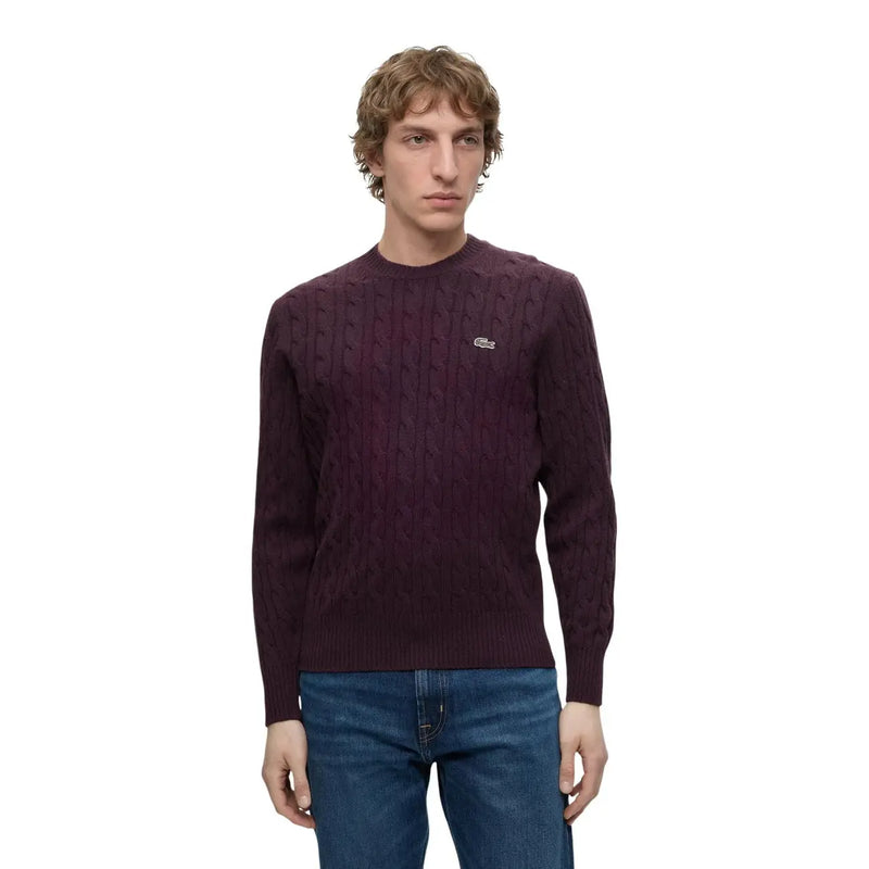 Pull Lacoste en laine pour homme, bordeaux foncé, à motif torsadé et logo crocodile, vue de face