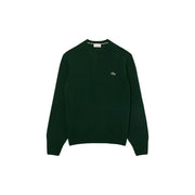 Pull Lacoste en laine vert foncé pour homme, avec petit logo crocodile brodé sur le devant (vue de face)