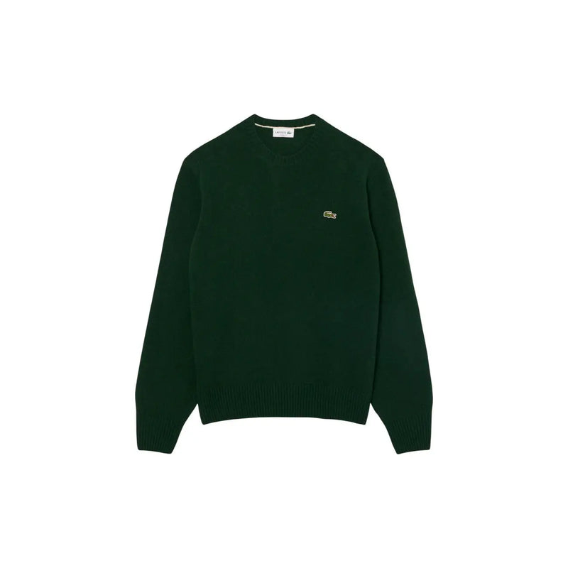 Pull Lacoste en laine vert foncé pour homme, avec petit logo crocodile brodé sur le devant (vue de face)