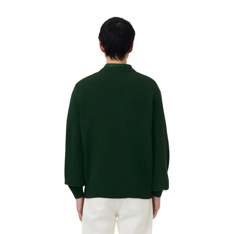 Pull Lacoste en laine vert foncé pour homme, avec poignets et ourlet côtelés et col rond, vue de face