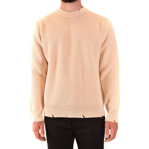 Pull Laneus en cachemire beige côtelé, ourlet et poignets usés, vue de face