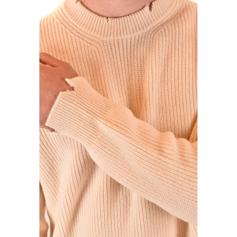 Pull en cachemire Laneus pour femme, couleur crème, en maille côtelée avec encolure effilochée, vue de face