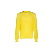 Pull en coton Laneus pour femme, jaune vif, col rond et ourlet effiloché, vue de face