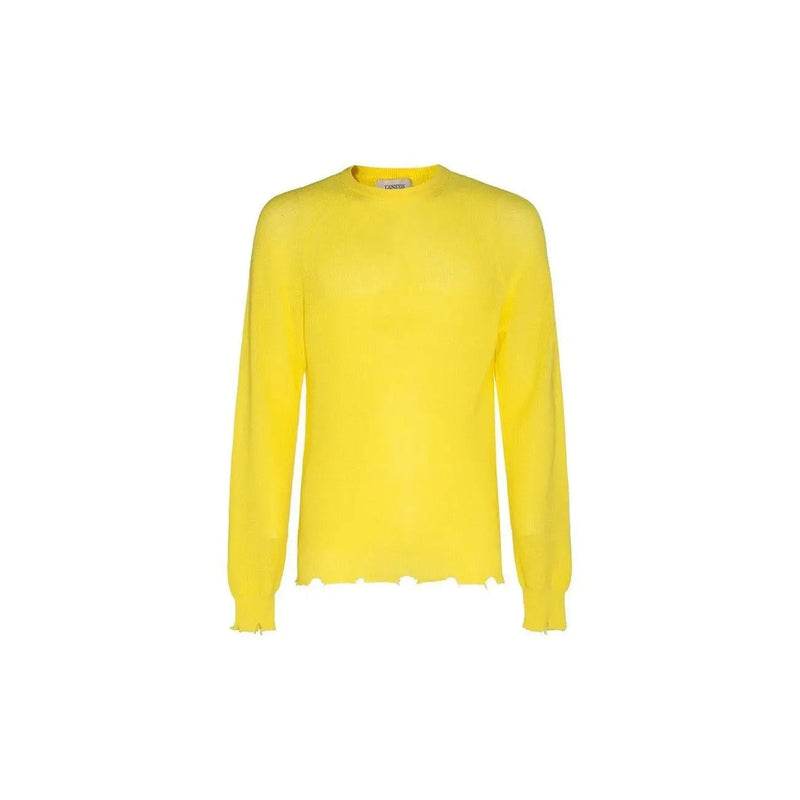Pull en coton Laneus pour femme, jaune vif, col rond et ourlet effiloché, vue de face