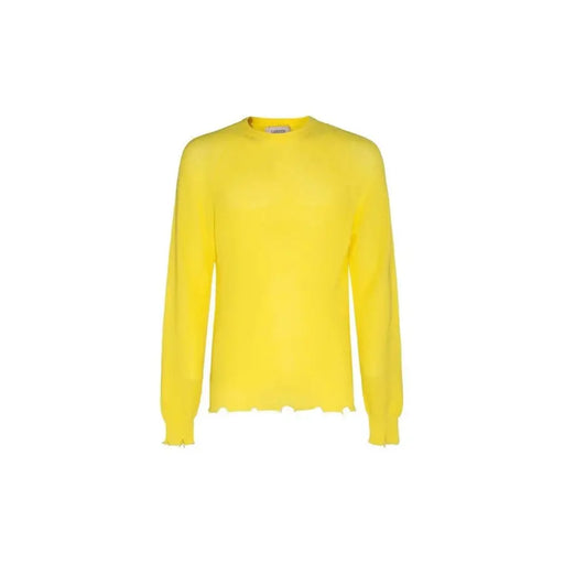 Pull Laneus pour homme, jaune, col rond, en maille de coton à manches longues et ourlet effiloché, vue de face
