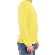 Pull Laneus pour homme, col rond, en maille de coton jaune vif, manches longues jaune vif et ourlet et poignets effilochés.