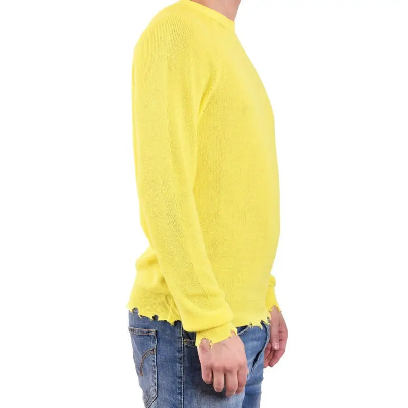 Pull Laneus pour homme, col rond, en maille de coton jaune vif, manches longues jaune vif et ourlet et poignets effilochés.