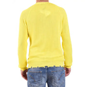 Pull Laneus pour homme, col rond, en coton jaune vif côtelé et ourlet effiloché.