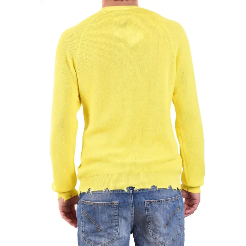 Pull Laneus pour homme, col rond, en coton jaune vif côtelé et ourlet effiloché.