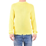 Pull Laneus pour homme, col rond, en maille de coton jaune, avec une texture côtelée vibrante et un ourlet effiloché à l'aspect usé.