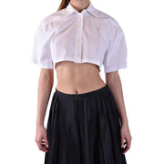 Laneus women white cotton blouse featuring a cropped button-up design with short sleeves and a classic collar