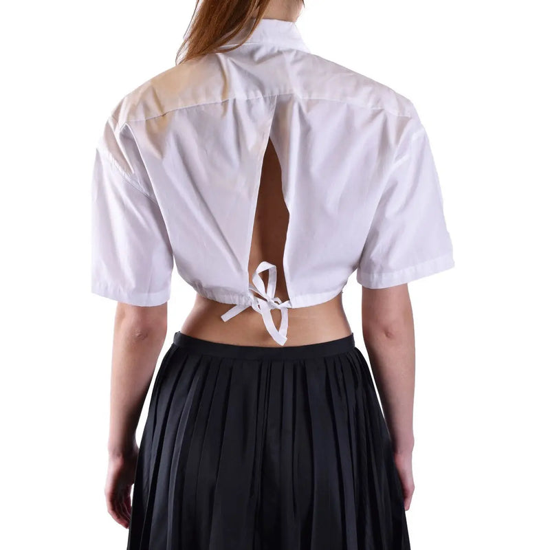Laneus women white cotton blouse with round neck short sleeves and back tie detail shown from the back side