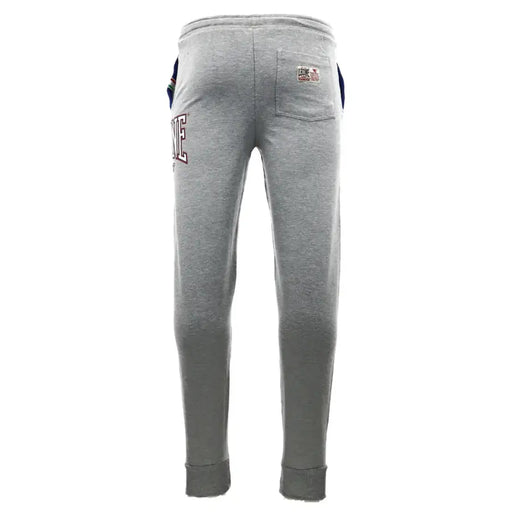 Pantalon homme Leone 1947 en tissu gris chiné, poignets et taille côtelés, logo brodé bordeaux et blanc.