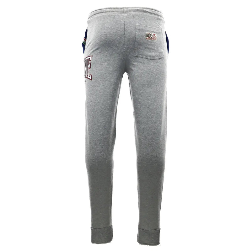 Leone 1947 men trousers in gray heathered fabric with ribbed cuffs and waistband and maroon white logo embroidery