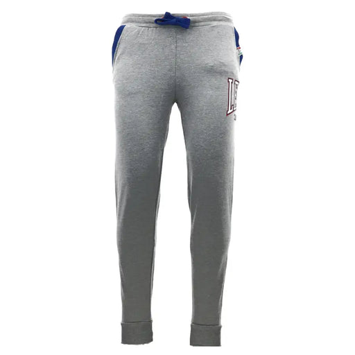 Pantalon de survêtement gris chiné Leone 1947 pour homme, avec empiècements latéraux bleus et logo LA brodé sur la cuisse.