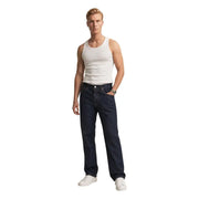 Jean Levi's pour homme, bleu classique en coton, fermeture éclair et boutons, denim bleu foncé, cinq poches et coupe droite.