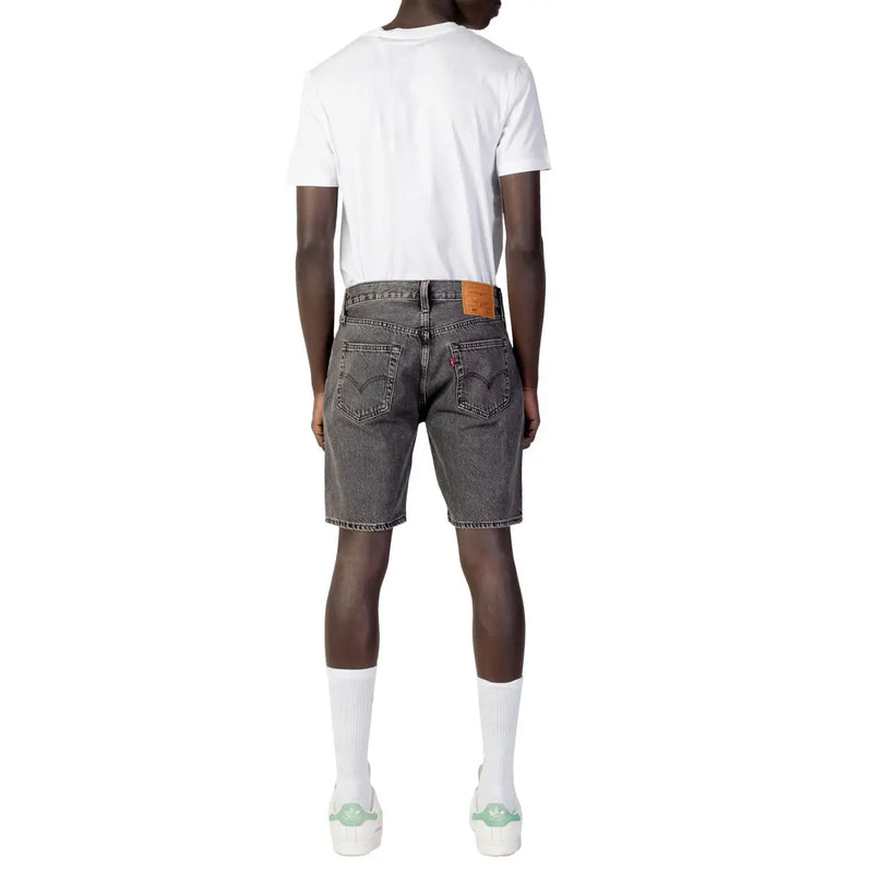 Back side of levis men’s black cotton shorts featuring dark gray denim with classic levi’s pocket and orange leather patch