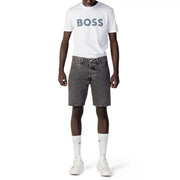 Levis men’s black cotton shorts paired with a white boss t-shirt featuring a gray logo for spring and summer
