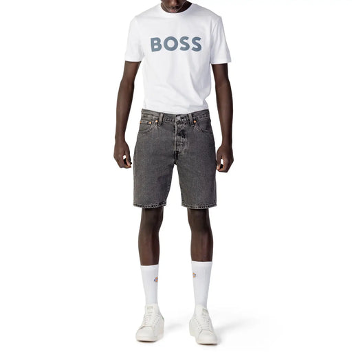 Levis men’s black cotton shorts paired with a white boss t-shirt featuring a gray logo for spring and summer