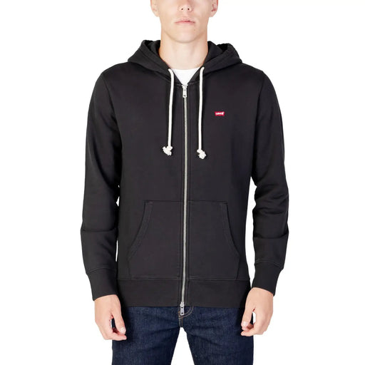 Sweat à capuche zippé Levi's pour homme, en coton noir, avec cordons de serrage blancs et logo rouge sur la poitrine.