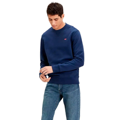 Sweat-shirt Levi's bleu marine à col rond en coton pour homme, avec un petit logo rouge sur la poitrine gauche.