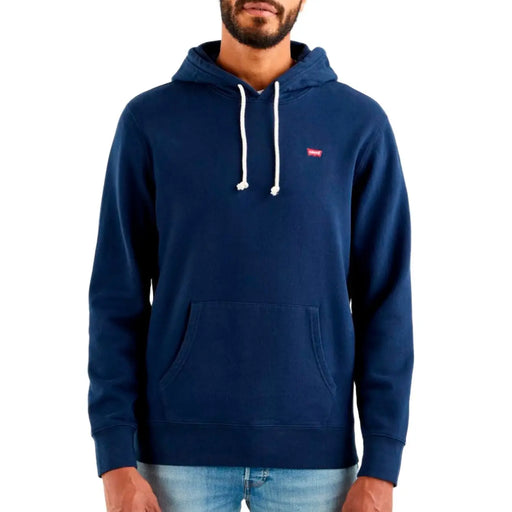 Sweat à capuche Levi's pour homme, en coton bleu marine, avec cordons de serrage blancs et petit logo rouge sur la poitrine.