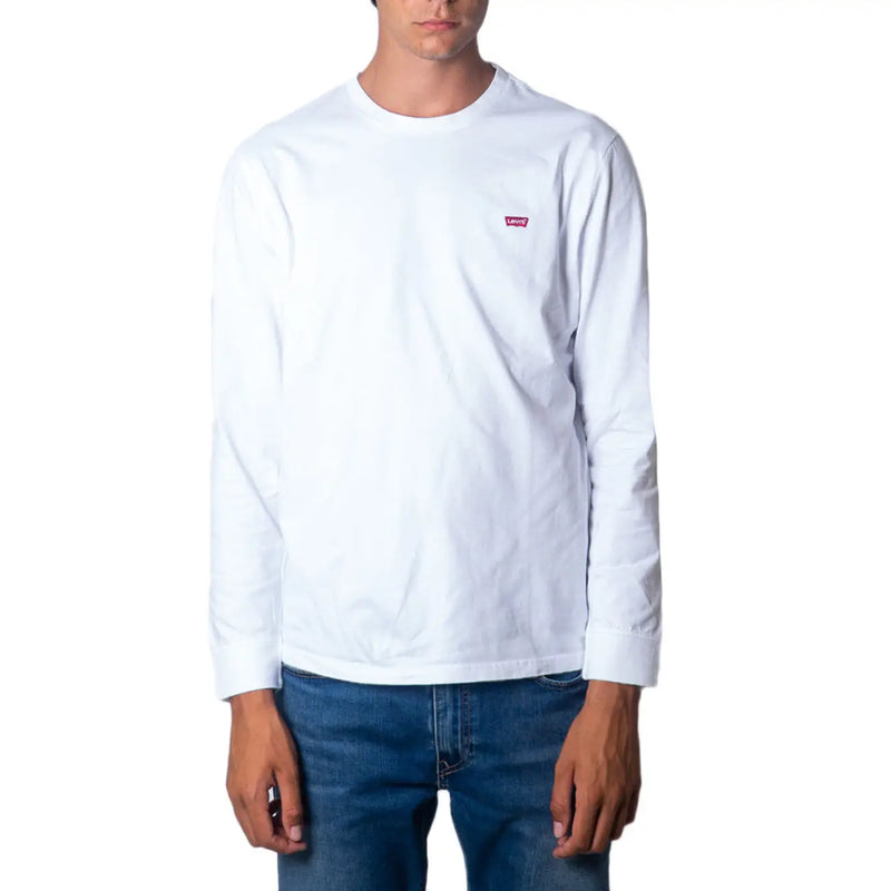 T-shirt Levi's blanc en coton à manches longues pour homme, avec un petit logo rouge sur la poitrine gauche, idéal pour un style décontracté.