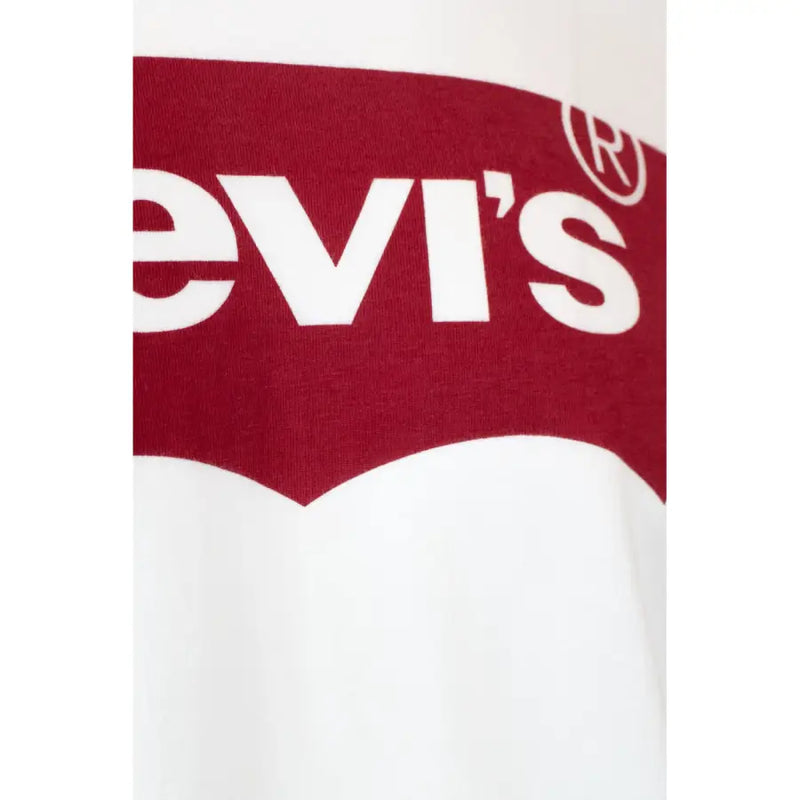Levis men’s white long sleeve cotton t shirt featuring a bold red band with the iconic white logo on front