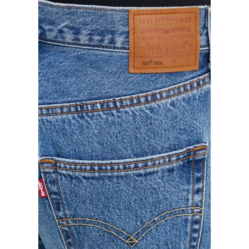 Jean Levi's pour femme en coton bleu clair avec empiècement en cuir beige et détails de surpiqûres classiques à l'arrière