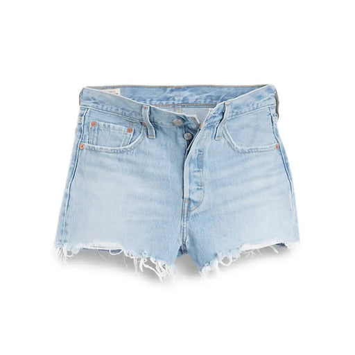 Short Levi's pour femme en coton bleu clair, denim délavé, ourlet effiloché et coupe classique à cinq poches.