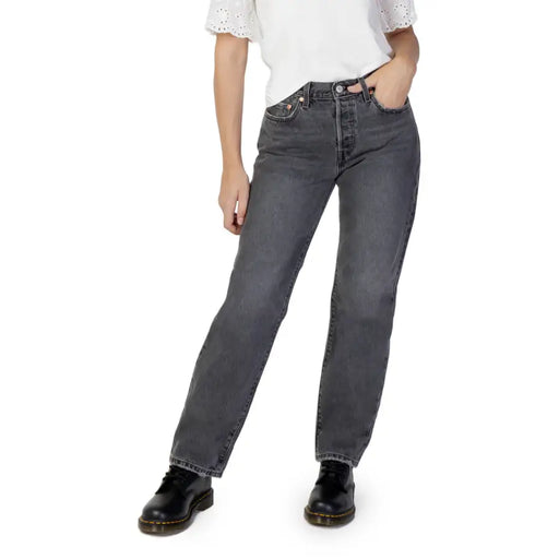 Levi’s women’s black jeans in dark gray denim with straight-leg cut five-pocket design 100 percent cotton
