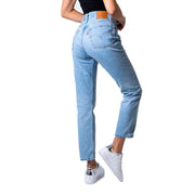 Levi’s women’s blue light-wash denim jeans with classic five-pocket design and brown leather brand patch on back waistband