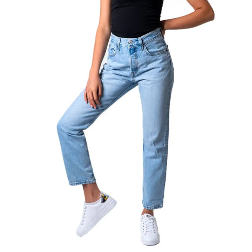 Levis women’s blue light-wash denim jeans with high-rise straight-leg cut and classic five-pocket design