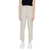 Light beige linen viscose trousers with pleated front, drawstring waist, and pockets