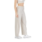 Light beige wide-leg linen viscose trousers for women with pockets