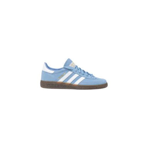 Light blue adidas women spring summer leather slip on sneakers with white stripes and brown rubber sole
