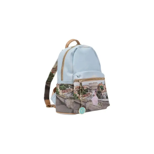 Light blue backpack featuring a Roman cityscape and Colosseum print