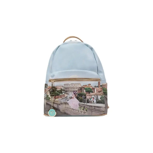 Light blue backpack featuring a Roman cityscape and Colosseum print for stylish travel