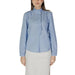 Light blue button-up blouse with ruffled collar and long sleeves by Jacqueline De Yong