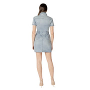 Light blue cotton light-wash denim mini dress with short sleeves collar button front v neck and pockets