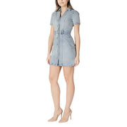 Light blue cotton denim shirt dress with short sleeves front button closure V neck and pockets