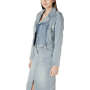 Light blue cotton moto jacket with light-wash denim texture and silver zippers and button details