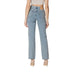 Light blue high waisted denim jeans displayed in a product image