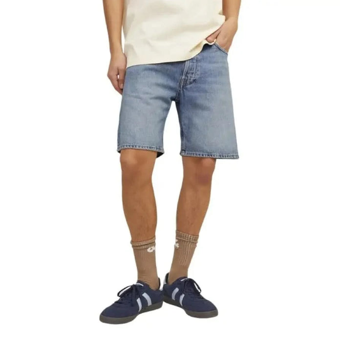 Light blue denim jean shorts by Jack & Jones featuring classic five-pocket design