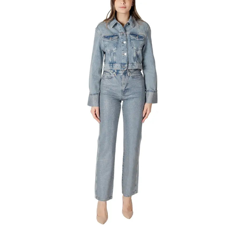 Light blue denim jacket with classic button front and flap pockets paired with matching high-rise straight-leg jeans